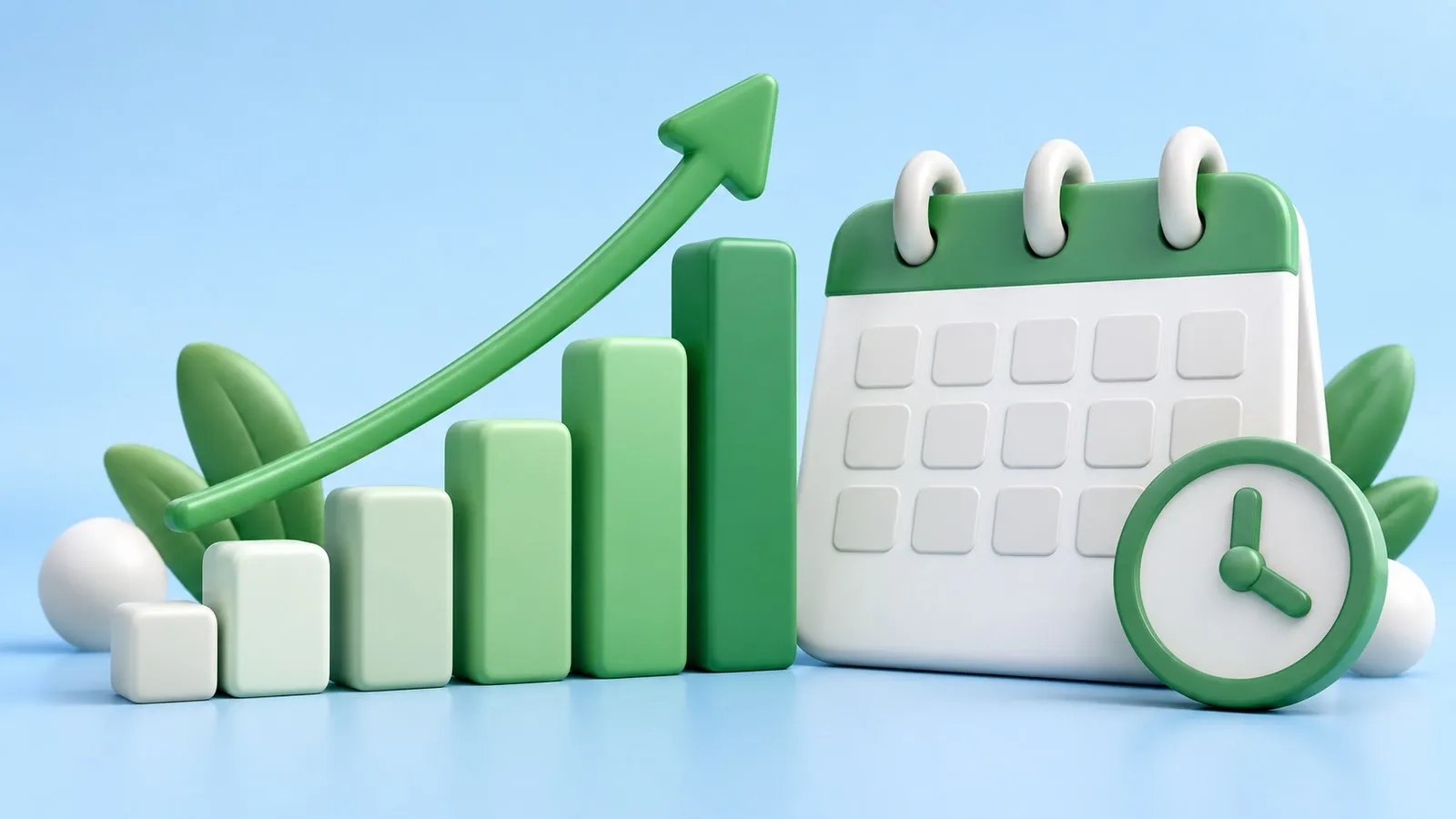 A green bar chart with a rising arrow, next to a calendar with a small clock