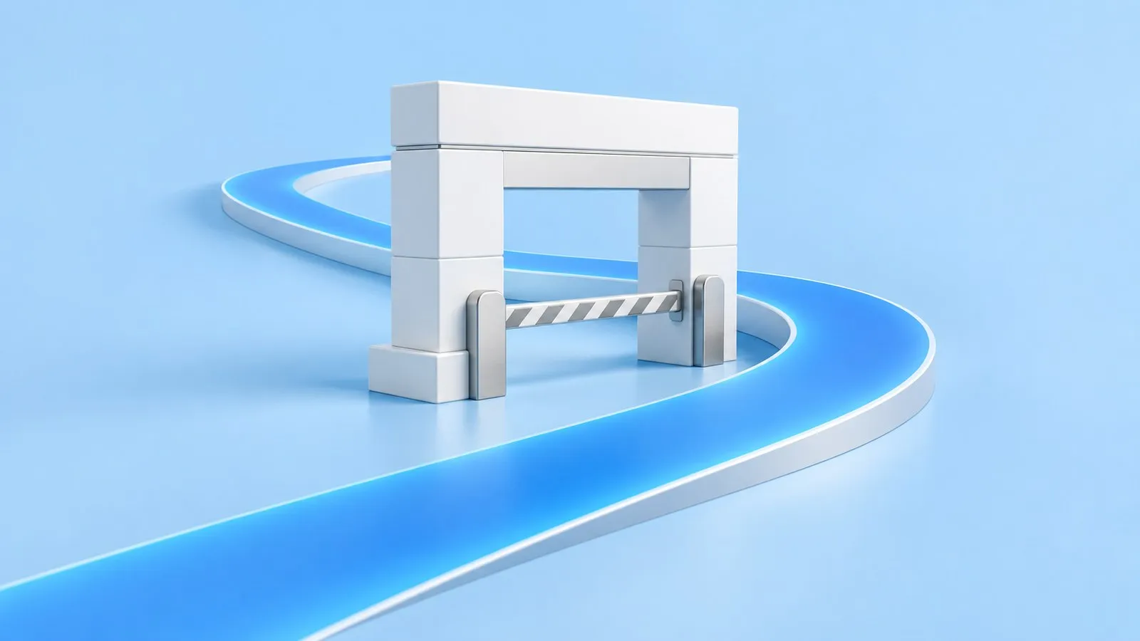 A white gateway with a striped barrier across a winding blue road on a pale blue background