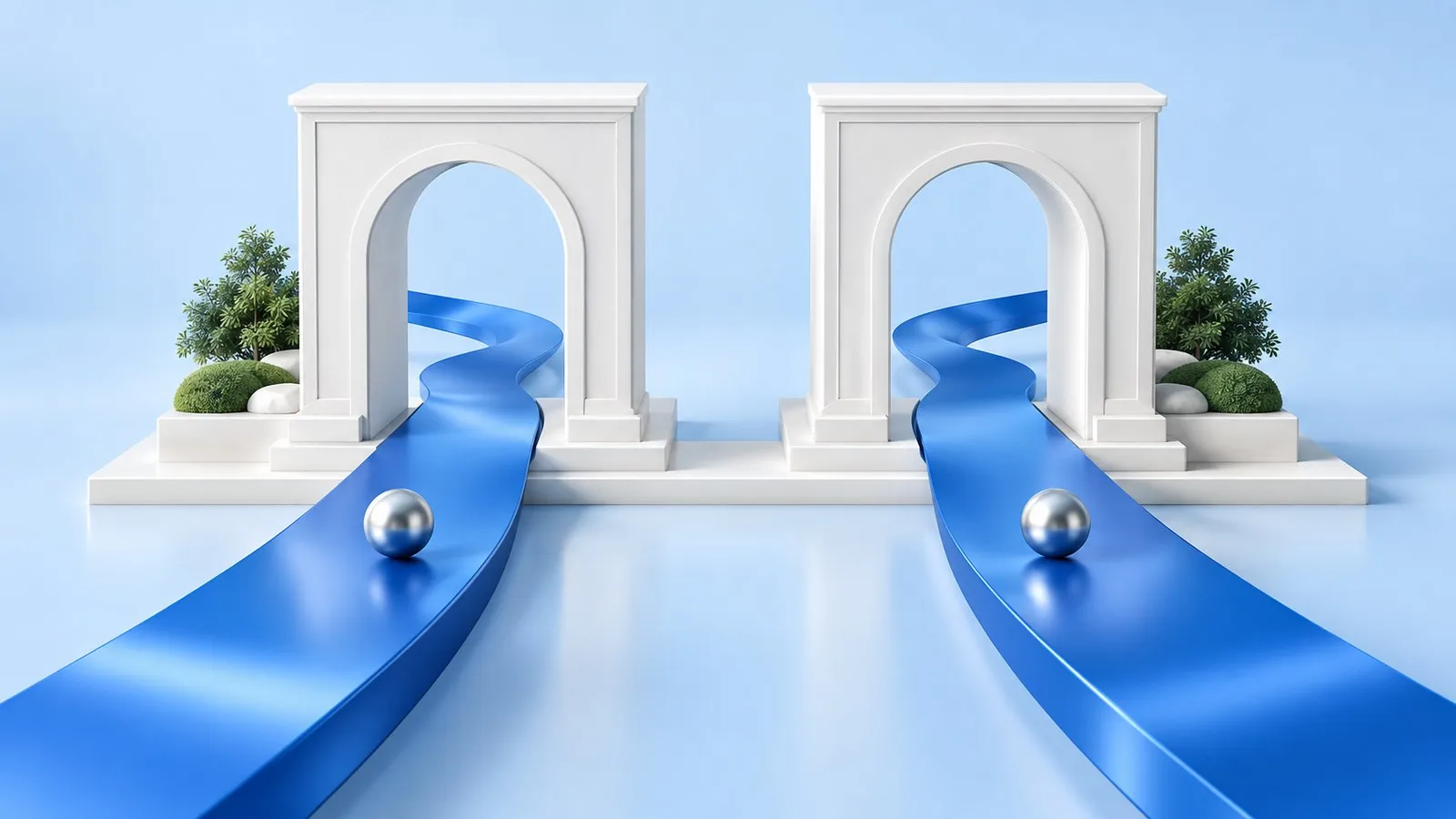 Two identical white arches, each with a blue road leading through it and a silver ball rolling toward it