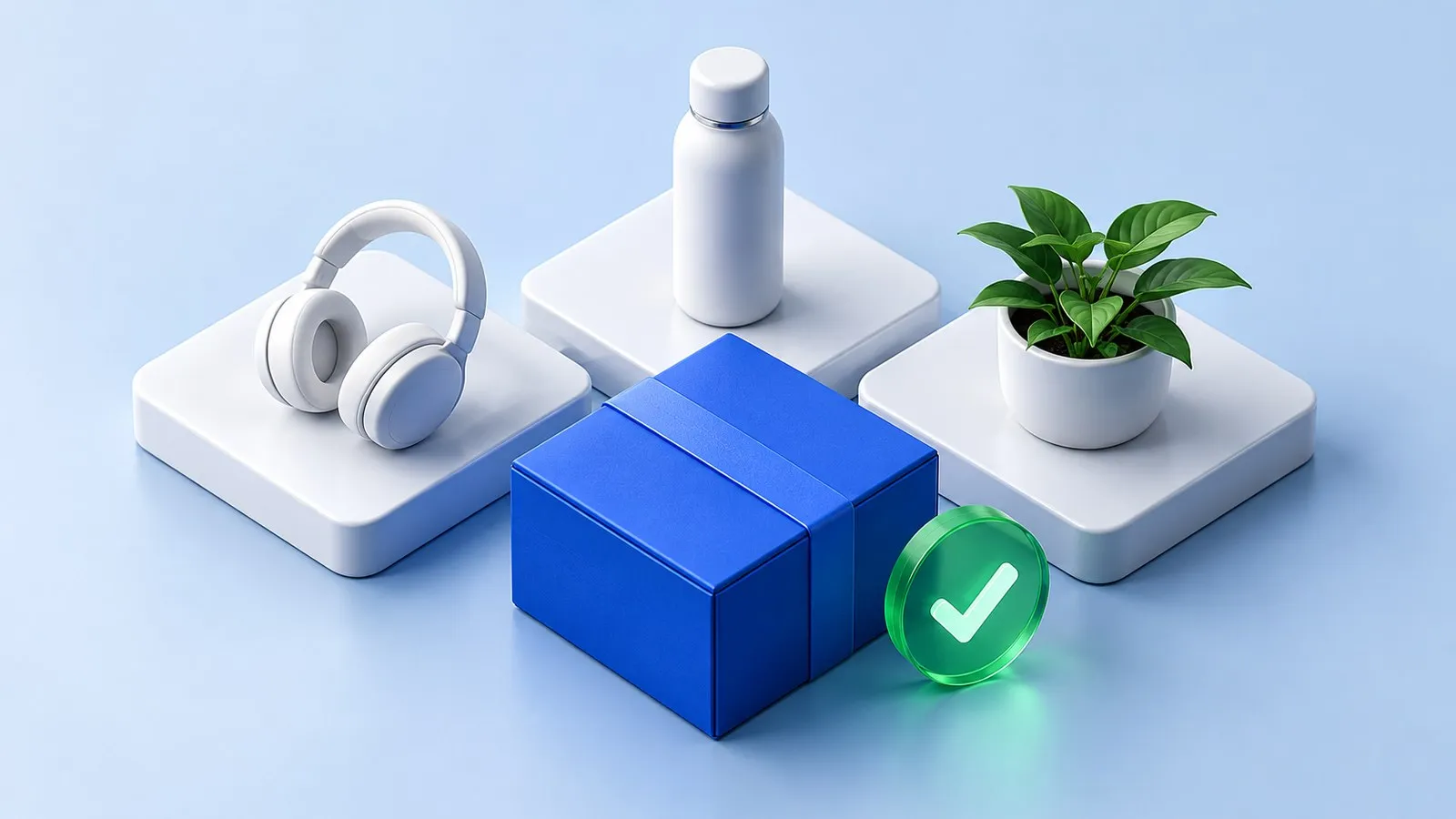 Headphones, a bottle and a potted plant on white tiles, beside a blue parcel with a green check mark