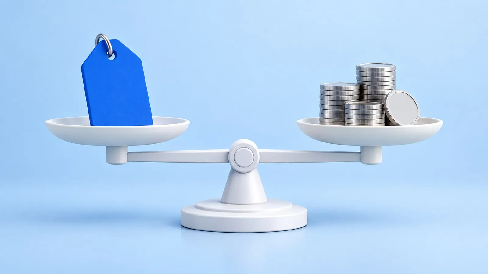 A balance scale with a blue price tag on one pan and stacks of silver coins on the other