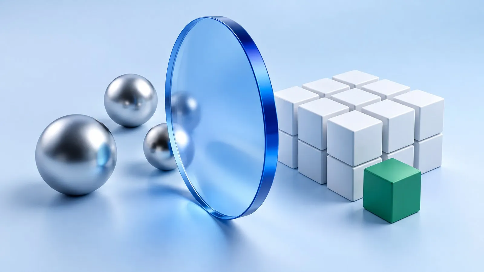 A blue glass disc in front of a grid of white cubes with one green cube, beside three silver spheres