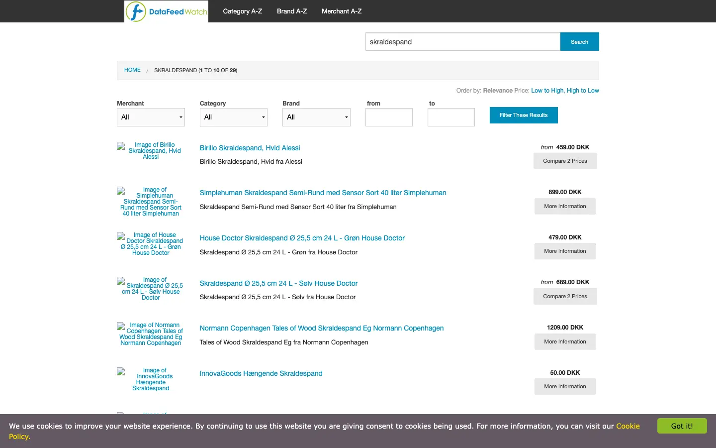 La page de DataFeedWatch pour la recherche skraldespand : une liste de poubelles où chaque image est remplacée par une petite icône d'image cassée et une ligne de texte