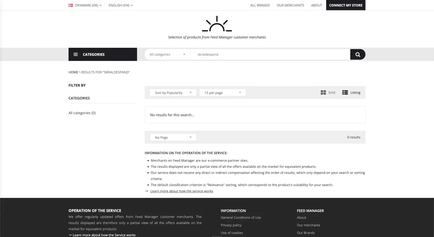 La page de Feed Manager pour la recherche skraldespand avec le texte No results for this search