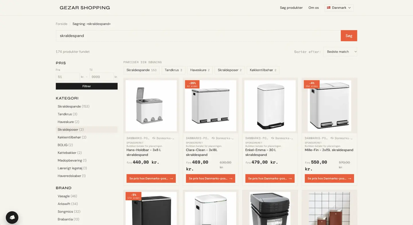La page de TheCSSPartner by Gezar pour la recherche skraldespand : 174 produits, d'abord les poubelles de la boutique, aucune annonce