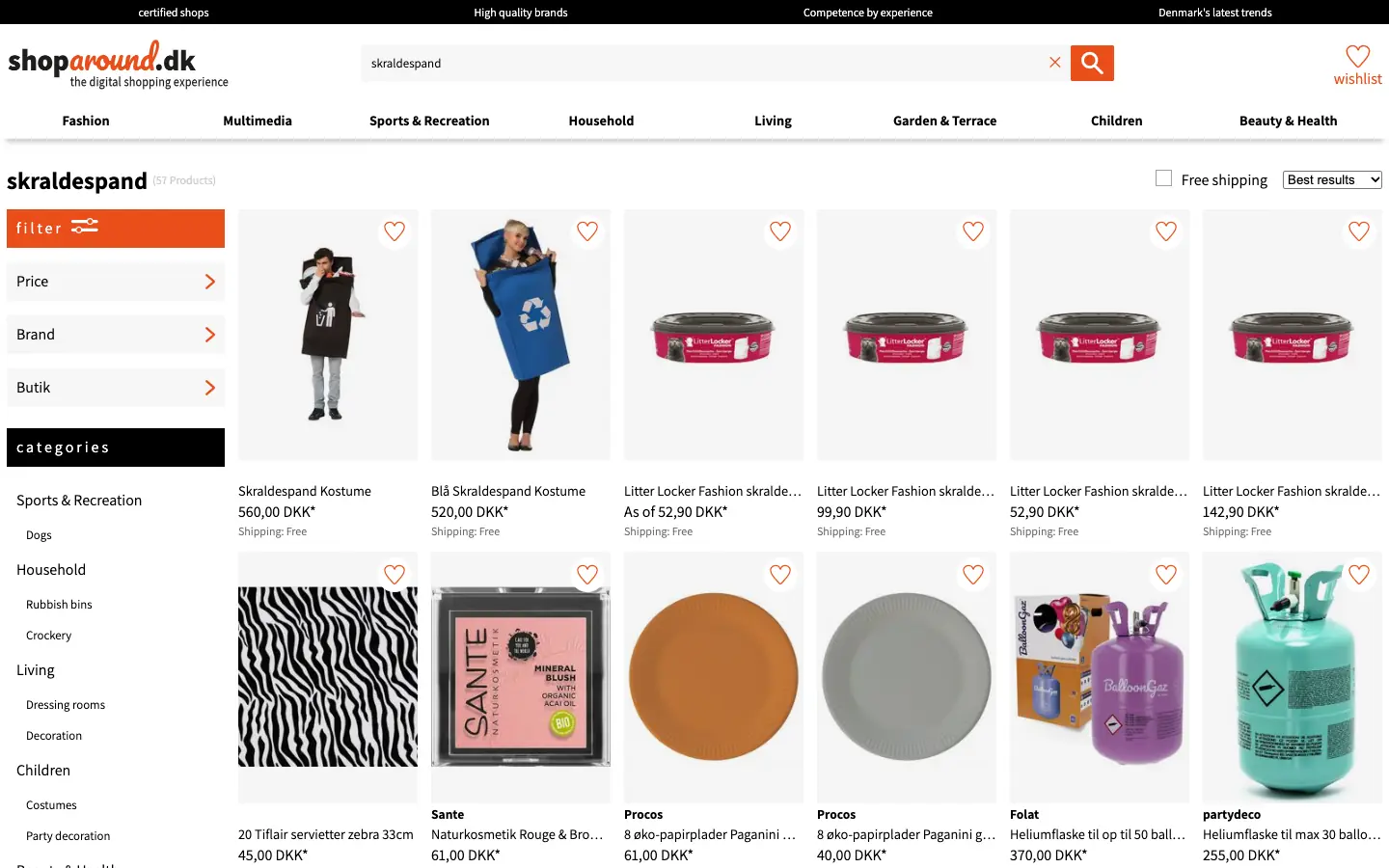 La page de shoparound pour la recherche skraldespand avec deux déguisements, puis des recharges pour litière de chat
